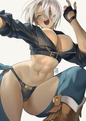 1girls angel_(kof) blue_eyes boots breasts chaps cowboy_boots cropped_jacket female fingerless_gloves gloves grey_background hair_over_one_eye highres jacket king_of_fighters large_breasts leather leather_jacket open_mouth poch4n snk solo the_king_of_fighters_xv toned white_hair