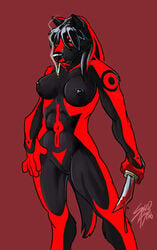 anthro black_fur black_hair black_nipples blood blood_stain bloody_knife breasts canine cigarette color female female_only front_view fur furry furry_breasts furry_ears furry_tail knife nipples nude pointy_ears pussy red_fur red_hair smoking solidasp solo standing tail tattoo wolf