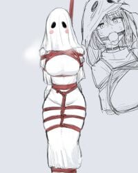big_breasts blush bondage breasts cutaway drooling female ghost_costume ghost_girl mask_lift monochrome rope_bondage shibari_over_clothes shikaku83 sweat
