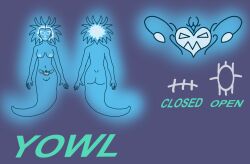 big_ass big_breasts blind_peacock_draws blind_peacock_draws_(artist) blue_eyes blue_hair closed_mouth floating floating_breasts full_body fully_naked ghost ghost_girl ghost_nipples ghost_tail ghostly glowing glowing_eyes no_legs no_nose oc open_mouth original original_art original_artwork original_character pussy reference_sheet skull_face supernatural white_hair womb_tattoo yowl_(blindpeacockdraws)