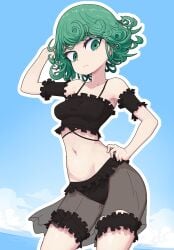 arm_up armband armpits arms_behind_head bare_shoulders bikini black_bikini blush breasts female frilled_armband frilled_bikini frilled_thigh_strap frills green_eyes green_hair highres looking_at_viewer medium_breasts medium_hair navel neamosub one-punch_man outdoors petite sarong see-through_clothes solo sub-neamo swimsuit tatsumaki thigh_strap