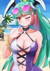 2girls 4_fingers armwear background background_character barely_clothed beach belly belly_button bin_isazawa black_skin black_skinned_female blonde_hair bracelet bracelets breasts canine city city_background closed_eyes closed_mouth clothed clothed_female clothing cloud clouds collar collarbone dog_girl extremely_long_hair female female_focus female_only fingers flower flower_in_hair galaxy_gals glasses glasses_on_head green_hair hair hair_ornament hand_on_back hand_on_cheek handwear headwear heart_shaped_sunglasses high_cut_swimsuit human large_breasts light-skinned_female light_skin lilin_(battle_cats) long_hair multicolored_hair nyanko_daisensou ocean one_eye_closed one_hand_behind_back one_piece_swimsuit outdoors outside palm_tres pink_eyes pink_hair ponytail purple_glasses purple_sunglasses sand selena_(the_battle_cats) shoulders sky smile smiling smiling_at_viewer sunglasses sunglasses_on_head swimsuit swimwear the_battle_cats tree wink winking winking_at_viewer yellow_bracelet