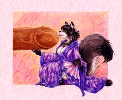 anshin big_toys bottomless breasts clothes female giant_dildo it'll_never_fit japan japanese_clothes kimono licking open_clothes open_shirt pussy shirt solo tanuki tongue topless uaykan