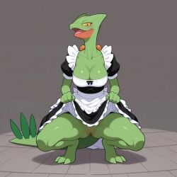 ai_generated flashing green_skin maid pokemon pokemon_(species) sceptile squatting upskirt