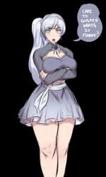 1girls annoyed ashleyblaze_(editor) black_background clothed dialogue dress edit female jlullaby large_breasts light_skin rwby solo thick_thighs third-party_edit weiss_schnee white_hair wide_hips
