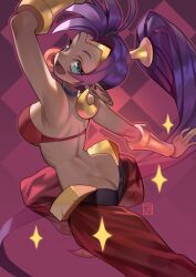 absurdly_long_hair arabian_clothes arm_up ass back bare_shoulders blue_eyes bracer breasts butt_crack choker circlet commentary dancing dark-skinned_female dark_skin dated earrings english_commentary female hair_ornament harem_pants high_ponytail highres hoop_earrings jewelry large_breasts long_hair looking_at_viewer looking_back o-ring o-ring_top open_mouth pants poch4n pointy_ears ponytail purple_hair shantae shantae_(character) signature solo very_long_hair watermark