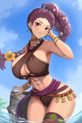 1girls abs absurdres bikini blue_sky blush bracelet braid braided_ponytail breasts brown_bikini cleavage cloud commentary_request criss-cross_halter dark-skinned_female dark_skin day earrings facial_mark female fire_emblem fire_emblem:_three_houses fire_emblem_heroes gonzarez halterneck highres jewelry large_breasts long_hair looking_at_viewer navel nintendo ocean official_alternate_costume open_mouth outdoors palm_leaf petra_macneary petra_macneary_(summer) purple_hair skindentation sky smile solo swimsuit thighs wading water water_drop wet