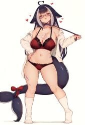 1girls :3 ahoge belly big_breasts black_hair blush body_markings bodypaint bra cleavage female female_only full_body glasses hand_on_hip heart heart-shaped_ahoge highres large_breasts leash light-skinned_female light_skin lingerie long_hair looking_at_viewer navel off_shoulder open_clothes open_shirt panties pubic_hair_peek purple_eyes red_bra red_lingerie red_panties red_underwear shirt short short_female shylily socks solo standing tagme tail thick_thighs thighs tongue_out underwear varniskarnis waist white_shirt white_socks