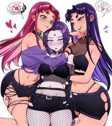 3girls absurdres bare_shoulders black_choker black_gloves black_shirt black_skirt blackfire blush breasts choker cleavage commentary dc_comics elbow_gloves english_commentary facial_mark fishnet_pantyhose fishnets forehead_mark gloves green_eyes high-waist_panties highres holding_hands_is_lewd large_breasts long_hair long_sleeves looking_at_another looking_at_viewer medium_breasts meme multiple_girls nail_polish navel pantyhose purple_eyes purple_hair qiandaiyiyu raven_(dc) red_eyes shirt short_hair simple_background skirt starfire tamaranean teen_titans white_background yuri