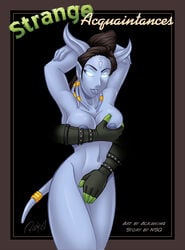 ackanime alliance_(warcraft) black_hair blizzard_entertainment breast_grab breasts comic cover_page draenei draenei_female female female/female glowing_eyes hooves horde horns nipples nude orc orc_female presenting strange_acquaintances tail tentacle tesslora warcraft world_of_warcraft