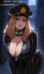 1girls ai_generated alley alleyway back_alley bending_forward bending_over bent_over big_breasts bodysuit breasts busty camie_utsushimi cap cleavage clothed clothed_female clothing curvy eye_contact female looking_at_viewer my_hero_academia night revealing_clothes sleen smile smiling smiling_at_viewer voluptuous voluptuous_female