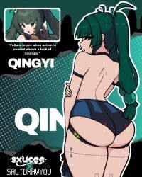 1girls :o android arm_strap armpit_crease artist_name ass back black_choker black_shorts blue_shorts blunt_bangs braid braided_sidelock character_name choker commentary cowboy_shot english_commentary english_text female from_behind green_background green_eyes green_hair hand_on_own_arm highres long_hair looking_at_viewer looking_back median_furrow micro_shorts parted_lips qingyi_(zenless_zone_zero) saltdrawyou second-party_source shorts side_braids sidelocks skindentation solo_focus sphere_hair_ornament thighs topless_female twintails two-tone_shorts zenless_zone_zero