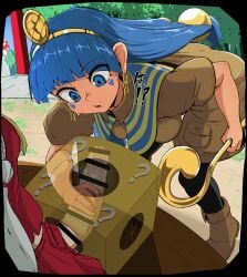 3girls bar_censor blue_eyes blue_hair brown_shirt brown_shorts censored earrings epic_armageddon erection facial_mark futanari gold_headdress hakurei_reimu highres holding holding_scepter jewelry key_earrings komano_aunn large_penis michigami_nareko multiple_girls mystery_box outdoors penis penis_grab scepter shirt shorts touhou translated triangle triangle_facial_mark usekh_collar x-ray