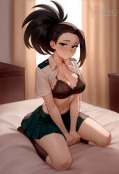 1girls 2d ai_generated ass barefeet big_ass big_breasts black_bra black_hair black_panties boku_no_hero_academia bra breasts erophoenix feet female female_focus full_body indoors looking_at_viewer looking_back momo_yaoyorozu my_hero_academia navel nude pale_skinned_female panties patreon_username ponytail school_uniform smile soles solo solo_female sweat thick thick_thighs toes u.a._school_uniform uncensored underwear