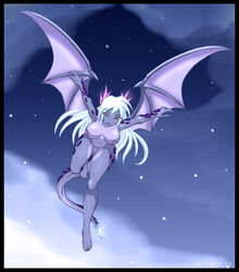 breasts clouds dragon female flying full-length_portrait full_length horns jessica_elwood matypup night nipples nude portrait reptile scalie solo stars wings