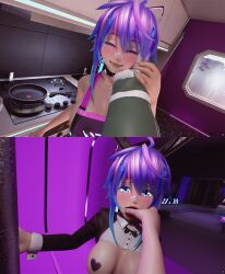 1boy 2girls ahoge animal_ears apron bandaid bandaid_on_face bandaid_on_nose black_apron black_choker blue_eyes blue_hair blue_nails blush bowtie breasts choker closed_eyes covered_nipples doorway fake_animal_ears female female_pov finger_in_another's_mouth frying_pan hair_ornament hairclip hand_on_another's_cheek hand_on_another's_face heart_pasties indoors kissing_hand kitchen large_breasts long_sleeves looking_at_viewer medium_breasts meme_attire multicolored_hair multiple_girls nail_polish naked_apron open_mouth pasties pov_hands purple_hair rabbit_ears reverse_bunnysuit reverse_outfit short_hair sink smile stove virtual_youtuber wrist_cuffs