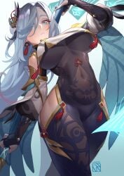 1girls arm_up black_bodysuit black_gloves blue_background blue_eyes blue_nails bodysuit breast_curtain breasts calamity_queller_(genshin_impact) closed_mouth clothing_cutout covered_navel cowboy_shot earrings eyes_visible_through_hair female flower_knot from_below frown genshin_impact gloves gold_trim gradient_background grey_hair hair_ornament hair_over_one_eye highres hip_vent holding holding_polearm holding_weapon jewelry large_breasts long_hair looking_at_viewer nail_polish paid_reward_available partially_fingerless_gloves poch4n polearm puffy_sleeves shenhe_(genshin_impact) skin_tight solo tassel tassel_earrings thighs weapon white_background