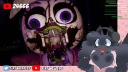 2024 2girls aaliyah_(papilrux) black_body black_fur black_hair black_nipples blue_eyes breasts button button_pop chica_(fnaf) feline female female_only five_nights_at_freddy's five_nights_at_freddy's:_security_breach furry glamrock_chica_(fnaf) headset jumpscare long_hair nipples open_clothes original original_character panther papilrux scottgames screaming streaming streaming_setup twitter wardrobe_malfunction youtube