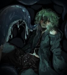 blush bulge dark dripping green_eyes green_hair gzpxllztt highres imminent_penetration large_bulge len'en scared shiny_skin shitodo_aoji shorts slime_(substance) slimy tentacle wet wet_clothes wet_hair