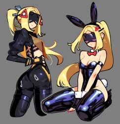 1girls absurdres animal_ears bare_shoulders black_jacket black_pants black_thighhighs blonde_hair blush breasts cleavage commentary covered_eyes cowboy_shot fake_animal_ears fake_tail female from_behind full_body grey_background head-mounted_display high_ponytail highres jacket kaatokun kaatokunart kneeling leotard long_hair looking_at_viewer looking_back medium_breasts multiple_views pants playboy_bunny ponytail rabbit_ears rabbit_tail simple_background solo_focus tail thighhighs trigger_(zenless_zone_zero) zenless_zone_zero