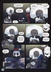 1boy 2girls anti_groove belty42 big_penis big_thighs blue_eyes bug comic english english_text fighting_over_boy grey_body hollow_knight hollow_knight:_silksong hornet_(hollow_knight) lace_(hollow_knight) seduction shorter_male small_breasts smaller_male titjob top_hat tophat torn_clothes torn_clothing