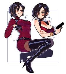 1girls :/ absurdres ada_wong belt black_belt black_boots black_choker black_gloves black_hair black_pantyhose boots breasts brown_eyes brown_pantyhose choker cleavage commentary dress english_commentary female finger_on_trigger gloves gun hair_over_one_eye half_gloves handgun highres holding holding_gun holding_weapon kaatokun large_breasts medium_breasts multiple_views pantyhose red_dress red_sweater resident_evil resident_evil_4 resident_evil_4_(remake) short_dress smile squatting sweater sweater_dress thigh_boots turtleneck turtleneck_dress weapon white_background