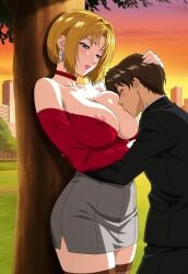 1boy 1girls adult_and_teenager against_tree age_difference ai_generated alternate_costume bangs_over_eyes bare_shoulders bible_black bible_black_new_testament big_breasts blonde_hair bob_cut breast_feeding breast_sucking breasts brown_hair busty choker city_background closed_eyes faithful_to_the_anime female flashback gakuran good_boy head_pat height_difference high_resolution jacket kitami_reika large_breasts lipstick male milf official_alternate_costume older_female_and_younger_male outdoor_sex outdoors outdoors_sex pants park parted_bangs pencil_skirt public_exposure public_indecency school_uniform shin_bible_black shirt short_hair size_difference skirt smaller_male stockings sucking_nipples swept_bangs taller_female teacher_and_student tree uncensored voluptuous voluptuous_female yamanishi_naoto