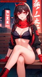 ai ai_art ai_generated alley alleyway anime bangs bangs_hair bench big_breasts black_bra black_hair black_hair_female black_jacket bra bra_only breasts city city_background clip crossed_bangs crossed_legs crossed_legs_(sitting) dark_environment ejaculation elsacorinthiana female female_naked female_nude female_only female_solo gloves hair_between_eyes hairband horn_hairband horns horny horny_face horny_female huge_cum jacket jacket_only knees legs long_hair lucia_(punishing:_gray_raven) naked naked_female neon_lights night nsfw nude nude_female nudism nudity open_jacket outdoor outdoors patreon patreon_exclusive patreon_link patreon_logo patreon_reward patreon_url patreon_username punishing:_gray_raven red_bow red_eyes red_eyes_female red_gloves red_horns red_scarf red_shoes scarf seductive seductive_pose shoes sitting sitting_in_bench sitting_on_bench solo_female solo_woman two-colored_hair two_colored_hair woman_only woman_solo