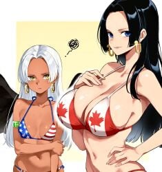 2girls absurdres american_flag american_flag_bikini american_flag_print bikini black_hair black_wings blood blue_eyes boa_hancock breast_envy breasts canada canadian_flag_bikini commentary_request commission dark-skinned_female dark_skin earrings flag_print flag_print_bikini green_blood hand_on_own_hip highres jewelry kasumi6 kasumi_6 large_breasts long_hair multiple_girls navel one_piece pixiv_commission print_bikini s-snake s-snake_(one_piece) seraphim_(one_piece) small_breasts snake_earrings squiggle star-shaped_pupils star_(symbol) swimsuit symbol-shaped_pupils white_hair wings yellow_eyes