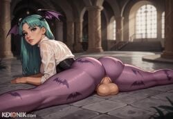 1futa 1futanari ai_generated aqua_hair ass_focus back_view bangs bat_wings big bottom_heavy cute_face darkstalkers dickgirl fishnets flexible from_behind futa_only futanari green_eyes green_hair head_wings huge_cock huge_testicles kexonik legs_together lying_on_stomach morrigan_aensland narrow_waist parted_bangs penis_focus scrotum skindentation solo thick_thighs toned turtleneck_shirt venus_body wet wide_hips
