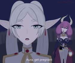 1futa 2girls aura_(sousou_no_frieren) big_breasts demon demon_girl demon_horns earings elf elf_ears elf_female elf_futa frieren frieren_beyond_journey's_end gloves green_eyes implied_futa jewelry kawaiiredpandas magic navel navel_cutout purple_eyes purple_hair scales_of_obedience skirt text tummy twintails white_hair