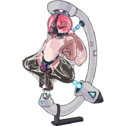 animated anthro bluegua_(character) clothing collar gag legwear listenerhim low_res male open_mouth_gag restrained solo thigh_highs tongue tongue_out