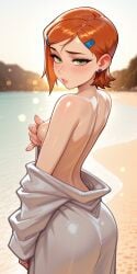 1girls ai_generated bare_back bare_shoulders beach ben_10 blush bokeh cartoon_network covering_breasts covering_nipples erotic firm_ass green_eyes gwen_tennyson hairclip looking_at_viewer looking_back naked orange_hair outdoors parted_lips perfect_body photo_background removing_clothing robe sexy short_hair shy skinny small_breasts solo standing suggestive sunset sweat undressing viewed_from_behind warm_lighting