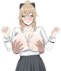 big_breasts blonde_female blue_eyes boobs_grab female genshin_impact grope_from_behind jean_gunnhildr