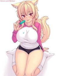 blonde_hair breasts cat_ears catgirl dolphin_shorts high_socks long_sleeves melting_popsicle nottytiffy popsicle popsicle_melting red_eyes red_highlights tagme tail tiffy tiffynyaa tongue_out