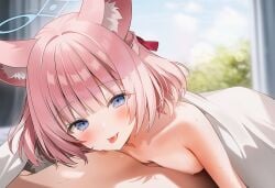 1boy1girl ai_generated bed bedroom bedsheet blue_archive blue_eyes breast_press breasts chest collarbone completely_nude day face_focus female_focus halo indoors looking_at_viewer lying lying_on_person lying_on_stomach medium_breasts niko_(blue_archive) pov seductive_smile squinting sweat sweatdrop tongue_out under_covers