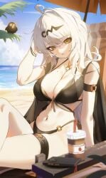 1girls ahoge alternate_costume beach beach_umbrella between_breasts bikini black_bikini blue_sky breasts cellphone closed_mouth cloud cup disposable_cup female highres long_hair looking_at_viewer majo_(pastamajo) mole mole_on_breast navel phone sand sky smartphone solo swimsuit thigh_strap umbrella water white_hair yellow_eyes yixuan_(zenless_zone_zero) zenless_zone_zero