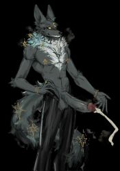 1boy abs animal_ears arknights black_background chinese_commentary claws commentary_request cum ejaculation erection extra_eyes furry furry_male hand_on_own_hip highres huyesangwei male_focus nipple_chain nipple_piercing open_pants pants pectorals penis piercing sharp_teeth tail teeth toned toned_male topless_male wolf_boy wolf_ears wolf_tail wolfe_(arknights)