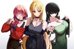 3girls alcohol_carton black_choker black_hair black_jacket black_pants black_tank_top blonde_hair blue_hair bocchi_the_rock! bow breasts choker chuuni227 cleavage colored_inner_hair dress green_dress green_eyes hairbow highres hiroi_kikuri holding_carton ijichi_seika jacket large_breasts long_hair medium_breasts multicolored_hair multicolored_jacket multiple_girls orange_eyes pa-san pants purple_hair red_sweater simple_background sweater tank_top two-tone_jacket white_background white_jacket