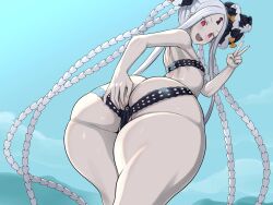 abigail_williams_(fate/grand_order) abigail_williams_(swimsuit_foreigner)_(fate) ass ass_focus beach bottom_heavy bubble_butt fate/grand_order fate_(series) hand_on_ass huge_ass jadf long_hair looking_back micro_bikini pale-skinned_female petite_female seductive_smile small_breasts thick_thighs