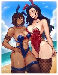 2girls abs animal_ears arm_around_waist arm_tattoo asami_sato asymmetrical_docking avatar_legends beach blue_eyes breast_press breasts brown_hair clothing_cutout dark-skinned_female dark_skin eyeshadow fake_animal_ears fishnet_thighhighs fishnets green_eyes highleg highleg_leotard highres iahfy korra large_breasts leg_tattoo leotard long_hair makeup multiple_girls muscular muscular_female nontraditional_playboy_bunny parted_lips playboy_bunny purple_eyeshadow rabbit_ears red_lips short_hair stomach_cutout strapless strapless_leotard tattoo the_legend_of_korra thighhighs thighs
