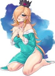 absurdres bare_shoulders barefoot blonde_hair blue_dress blue_eyes blush brooch crown dress earrings female full_body hair_over_one_eye hands_on_own_chest highres jewelry long_hair long_sleeves looking_at_viewer mario_(series) nintendo off-shoulder_dress off_shoulder princess_rosalina purple_nails rosalina saiko_(saikoart) saikoart1st saikoartanime seiza sitting smile solo star_(symbol) star_brooch star_earrings thighs