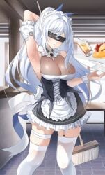 1girls absurd_res arm_behind_head arm_up armpits asymmetrical_legwear big_breasts blindfold blindfolded blush breasts cleavage female female_only food garter_straps hi_res honkai:_star_rail jingliu_(honkai:_star_rail) jinmuxi_(user_pvha4443) legband light-skinned_female light_skin long_hair maid maid_headdress maid_uniform purple_eyes solo standing thighhighs thighs variant_set white_hair wrist_cuffs