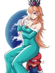 1boy absurdres arm_under_breasts bare_shoulders blonde_hair blue_dress blue_eyes blue_overalls blush breasts brooch cleavage closed_mouth commentary commission covered_navel crown dress earrings english_commentary facial_hair female gloves hair_over_one_eye hat highres jewelry long_hair long_sleeves looking_at_viewer mario mario_(series) moustache nintendo off-shoulder_dress off_shoulder overalls pink_nails princess_rosalina red_hat red_shirt rosalina saiko_(saikoart) saikoart1st saikoartanime shirt sitting sitting_on_head sitting_on_person smile spoken_blush star_(symbol) star_brooch star_earrings super_mario_galaxy white_gloves