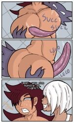 2d 2girls 2monsters 3_panel_comic big_ass big_breasts black_eyes comic comic_page commission cunnilingus cunnilingus_from_behind dialogue dragon_ball drooling english_text female female_focus grabbing_breasts grabbing_thighs grin guavagrunt hair_over_one_eye haunter holding_breast holding_thigh huge_ass huge_breasts indoors licking_breast licking_pussy long_tongue magenta_hair nude nude_male oc pokemon saiyan saiyan_girl saliva scalia_(guavagrunt) sfx speech sucking_breasts sucking_nipples sweat sweatdrop sweating sweaty text thick_thighs thighs tongue tongue_out white_hair writing