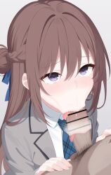 :>= bar_censor blush braid brown_hair censored collared_shirt commentary_request erection fellatio grey_jacket half_up_braid jacket large_penis long_hair long_sleeves medium_hair mizuno-go necktie open_mouth oral paid_reward_available penis plaid_clothes plaid_necktie sendai_hazuki shirt shuuniichido_classmate_wo_kau_hanashi smegma straight veins veiny_penis white_shirt