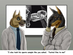 anthro balls canine canine_penis couple doberman doctor doing_it_wrong english_text facepalm fellatio funny fur furry gay german_shepherd green_eyes hospital humor internal looking_at_viewer male medical necktie nurse oral oral_sex orange_eyes penis sex skull stethoscope text unprofessional_behaviour wooky x-ray