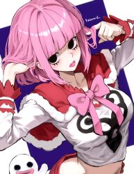 1girls alternate_costume alternate_hairstyle artist_name blunt_bangs bow bowtie breasts capelet cropped_shirt diagonal_bangs female fur-trimmed_capelet fur_trim highres kasumi6 kasumi_6 long_sleeves looking_at_viewer medium_breasts one_piece parted_lips perona pink_bow pink_bowtie pink_hair red_capelet shirt short_hair solo upper_body white_shirt