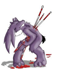 1boy black_nose bleeding blood blood_drip blood_stain bloody_spear celestial closed_eyes color crying fur furry furry_ears gore guro impalement injury male male_only nude polearm puncture purple_fur red_blood scar solo spear standing still_alive tear white_background white_fur wound