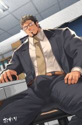 1boy bara beard big_bulge blonde_hair bulge bulge_through_clothing ceiling dark_circles dutch_angle erection erection_under_clothes fingernails fingers fully_clothed gay glasses goatee hand_on_leg hi_res legs_apart male male_only necktie neutral_expression nullqllun office office_clothing original original_character salaryman short_hair sitting suit suit_and_tie tight_clothing yaoi